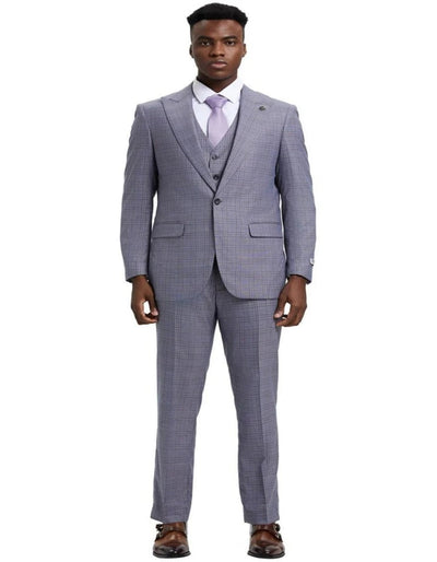 Light Grey Suit - Silver Gray Suit For Wedding - Men's Stacy Adams Vested One Button Wide Peak Lapel Windowpane Light Grey Plaid Suit 1   - from alligatorwarehouse.com