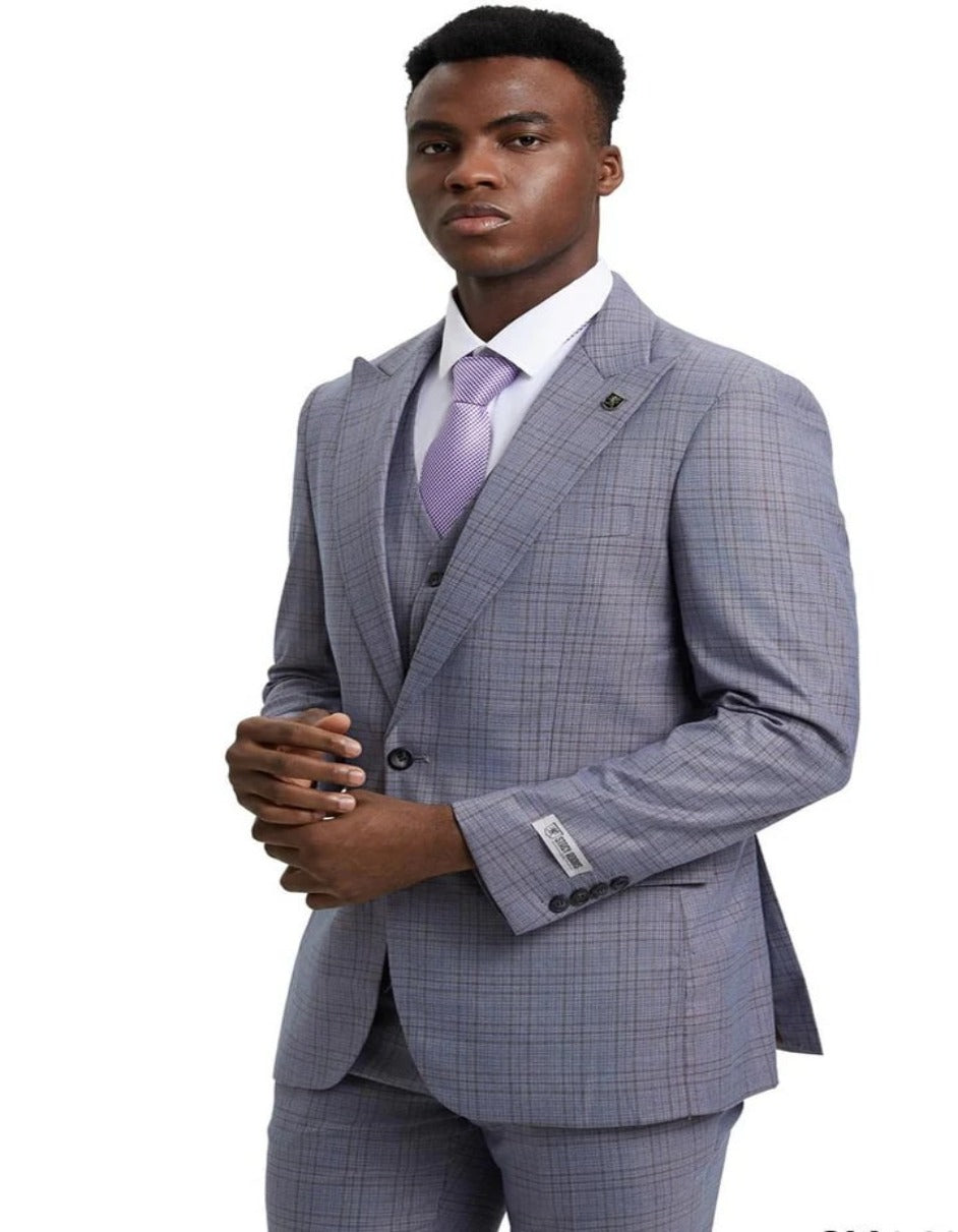 Light Grey Suit - Silver Gray Suit For Wedding - Men's Stacy Adams Vested One Button Wide Peak Lapel Windowpane Light Grey Plaid Suit