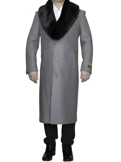 Light Grey Removable Fur Collar Ankle length Wool Dress Top Coat/Overcoat - Mens Overcoat 1   - from alligatorwarehouse.com