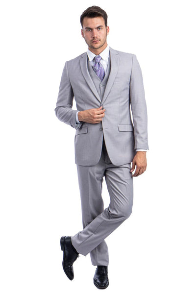 Light Grey Suit - Silver Gray Suit For Wedding - Men's two Button Basic Hybrid Fit Light Grey Vested Suit 2   - from alligatorwarehouse.com