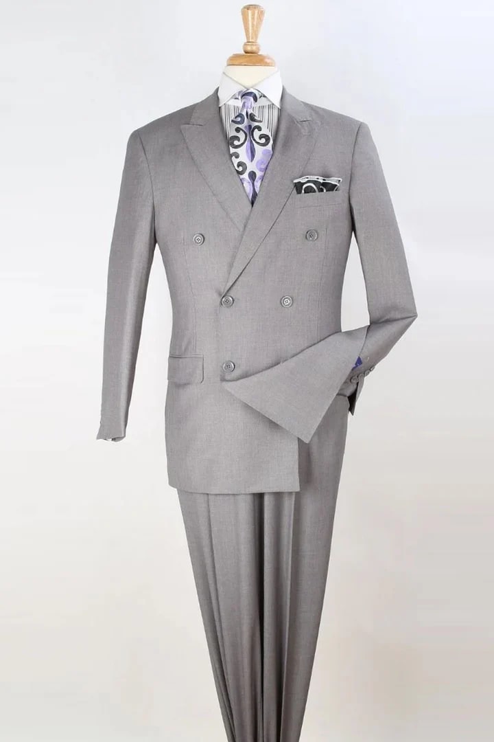 Mens Classic Double Breasted Luxury Wool Feel Light Grey Suit