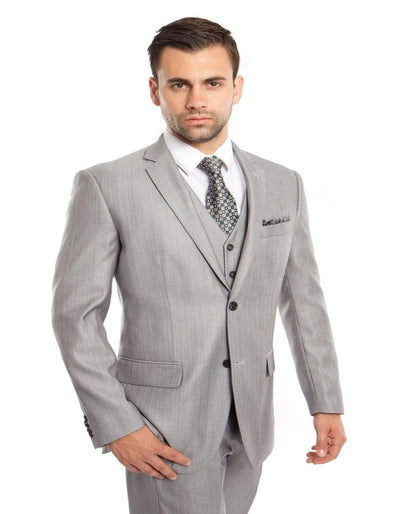 Light Grey Suit - Silver Gray Suit For Wedding - Men's Two Button Vested Textured Sharkskin Light Grey Business Suit 1   - from alligatorwarehouse.com