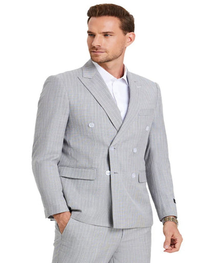 Light Grey Suit - Silver Gray Suit For Wedding - Men's Slim Fit Double Breasted Summer Pastel Light Grey Pinstripe Suit 2   - from alligatorwarehouse.com