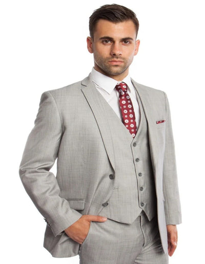 Light Grey Suit - Silver Gray Suit For Wedding - Men's Two Button Vested Business Light Grey Sharkskin Suit 1   - from alligatorwarehouse.com