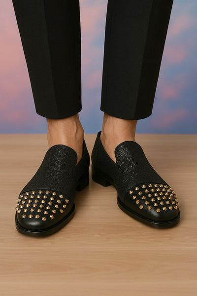 Men's Black Glitter Loafers with Spike Studded Toe – Designer Slip-On Dress Shoes for Parties and Events 2   - from alligatorwarehouse.com