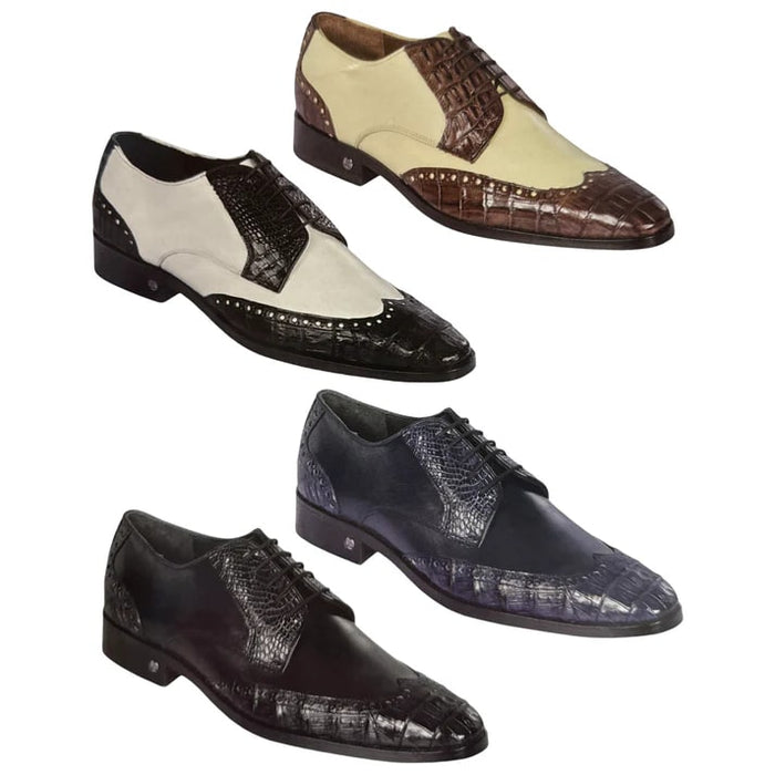 Lombardy Men’s Caiman Belly and Calfskin Wingtip Shoes, Exotic Lace-Up Dress Shoes