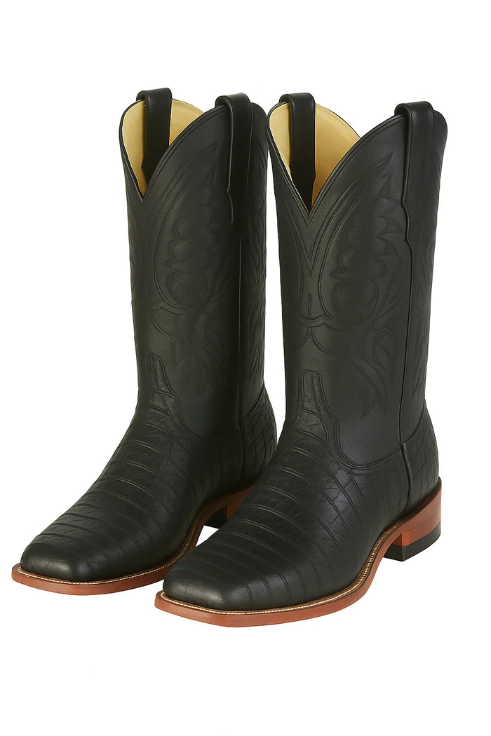 Los Altos Boots Men’s Black Caiman Belly Wide Square Toe Boots
