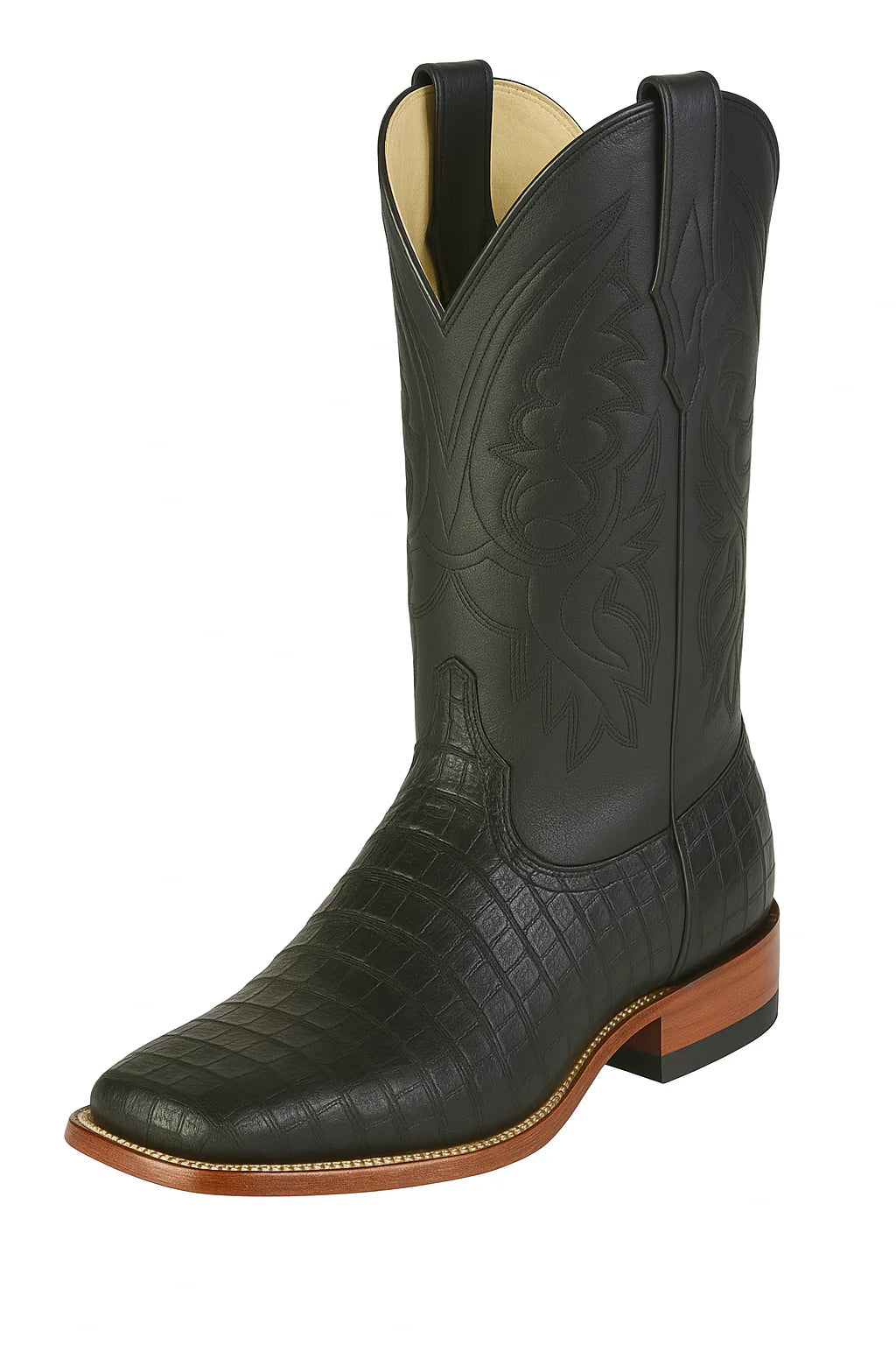 Los Altos Boots Men’s Black Caiman Belly Wide Square Toe Boots