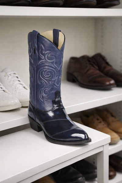 Los Altos Men’s Dress Cowboy Boots – Navy Blue Eel-Skin Western Boots