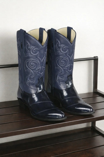 Los Altos Men’s Dress Cowboy Boots – Navy Blue Eel-Skin Western Boots