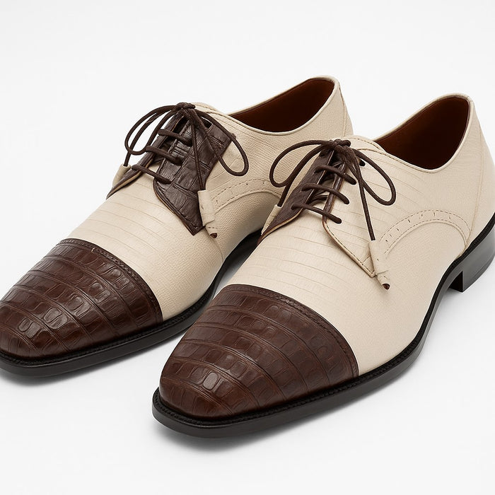 Los Altos Men's Ivory Brown Crocodile Shoes Cap Toe