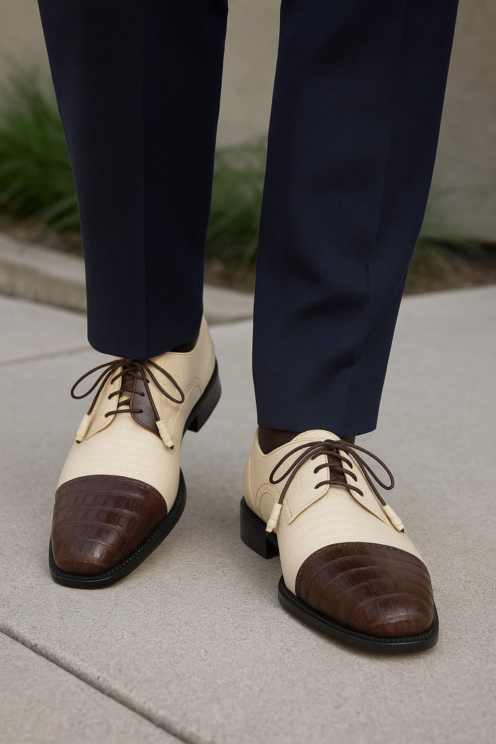 Los Altos Men's Ivory Brown Crocodile Shoes Cap Toe