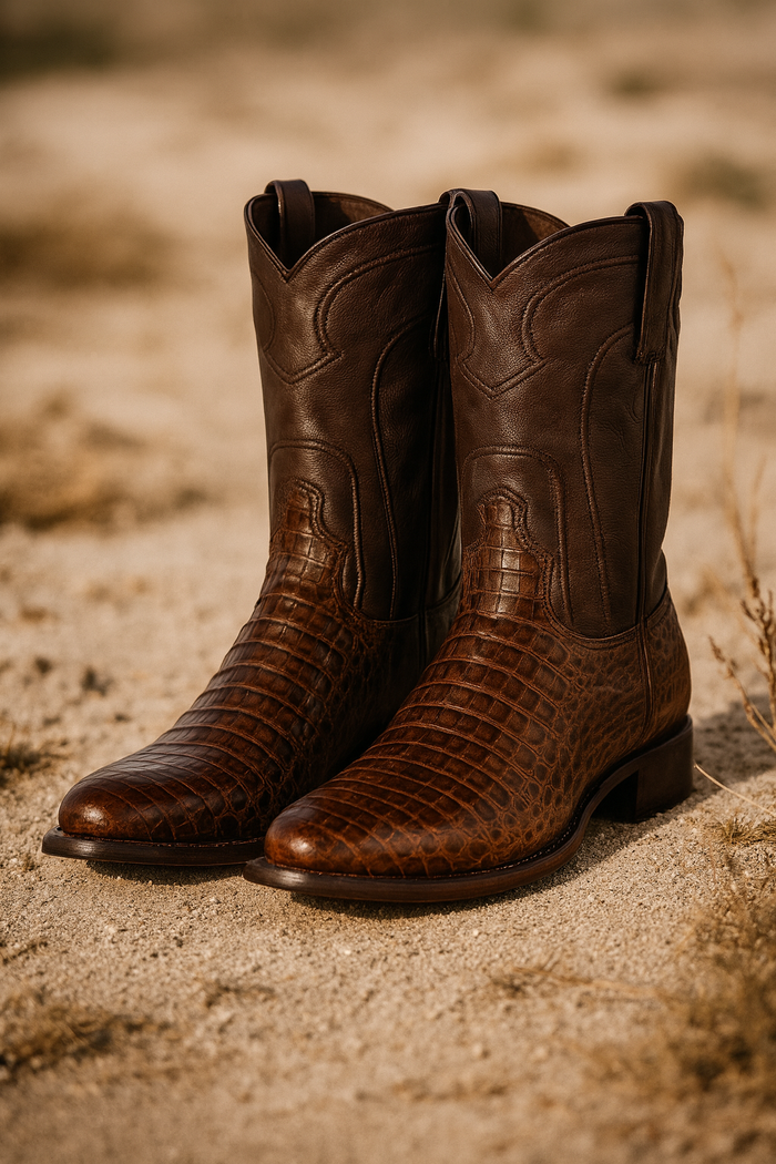 Los Altos Boots - Mens Dress Cowboy Boot - Low Priced Caiman Belly Roper Boots-  in Brown