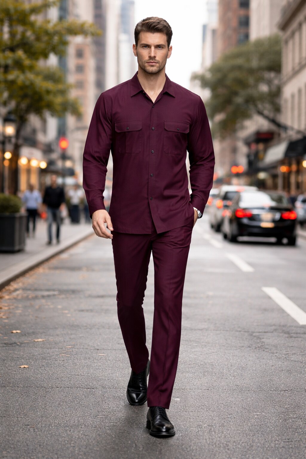 Mens Luxury Burgundy Wool Two-Piece Leisure Walking Suit