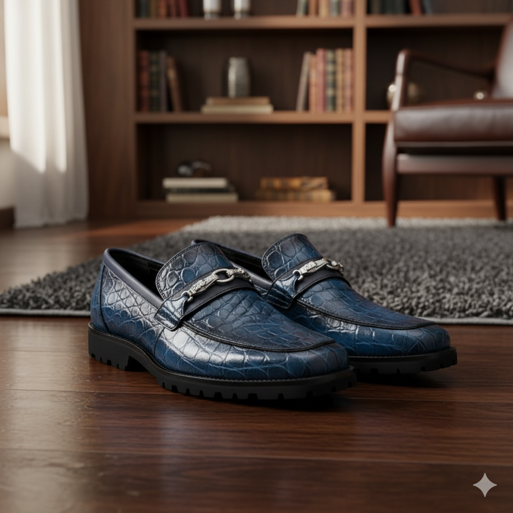 Men's Mauri Casual Alligator Loafers Blue Metal Bit Debonair