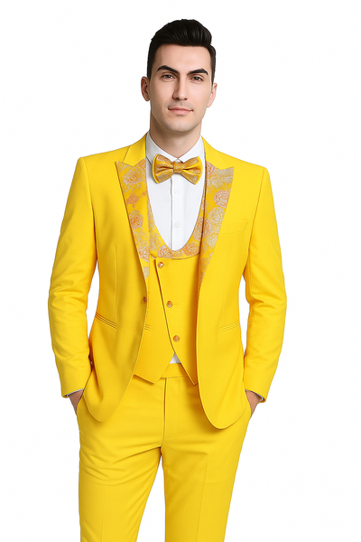 Radiant Golden Bloom Mens 3-Piece Suit with Floral Peak Lapel 4   - from alligatorwarehouse.com