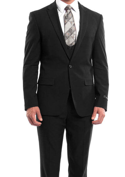 Black Solid Color 3 Piece Slim Fit Suit 1 Button Peak Lapel 1 SO4M255US-01-44R  - from alligatorwarehouse.com