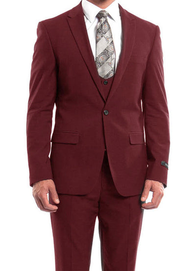 Cherry Red Solid Color 3 Piece Slim Fit Suit 1 Button Peak Lapel 1 SO4M255US-05-34R  - from alligatorwarehouse.com