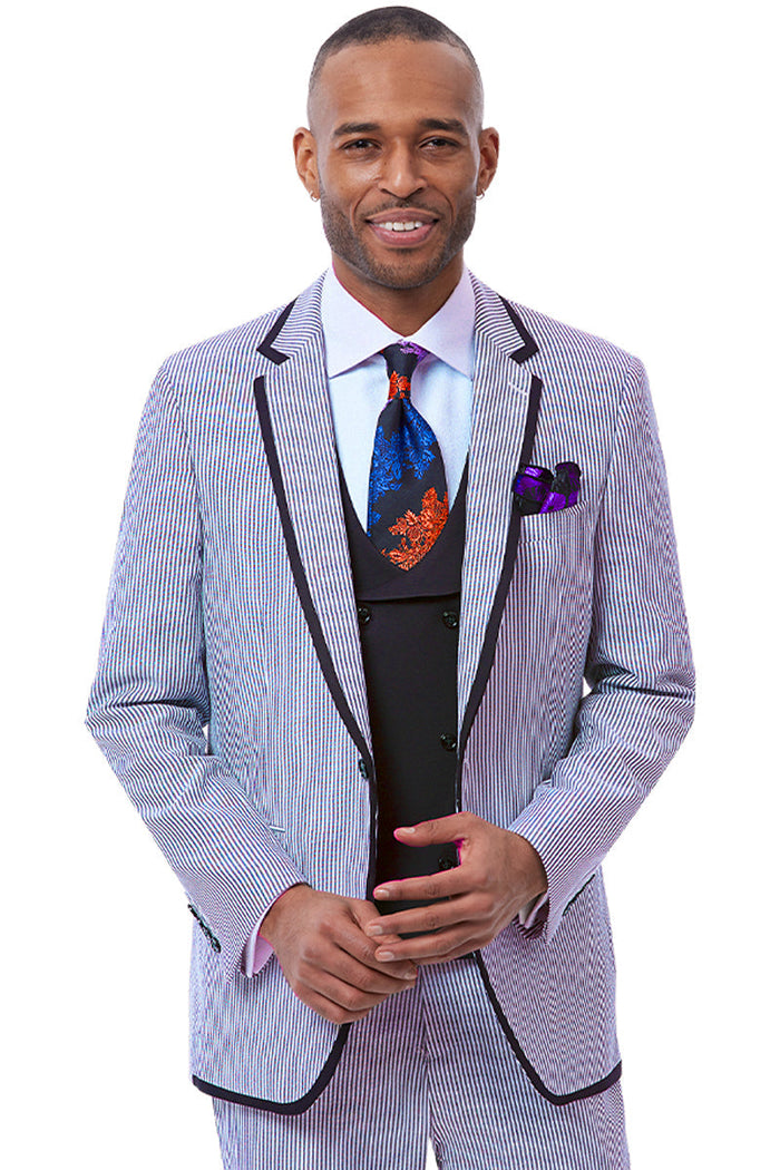 Men's One Button Jacket + Pants Fashion Seersucker Suit with Double Breasted Vest in Blue