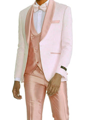 Rose Gold Pink Slim Fit Tuxedo 4 Piece with Satin Shawl Collar Beveled Designed Vest