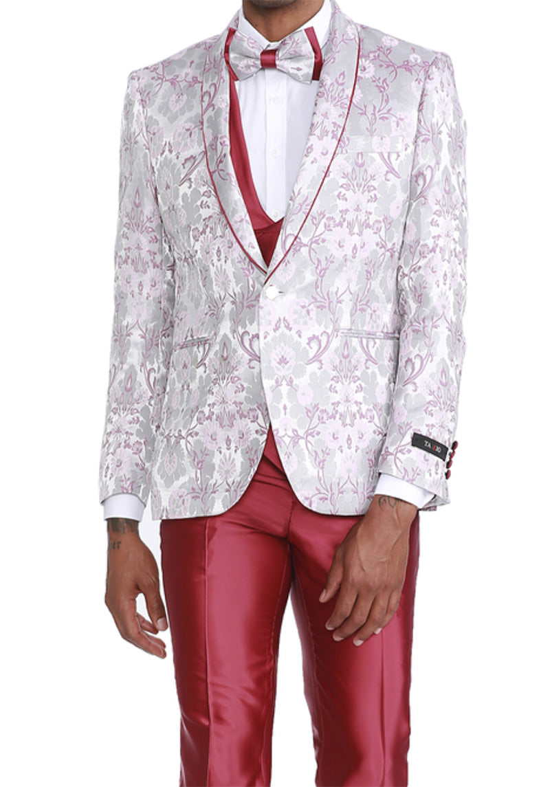 Pink Slim Fit Tuxedo 4 Piece Floral Pattern with Bow Tie