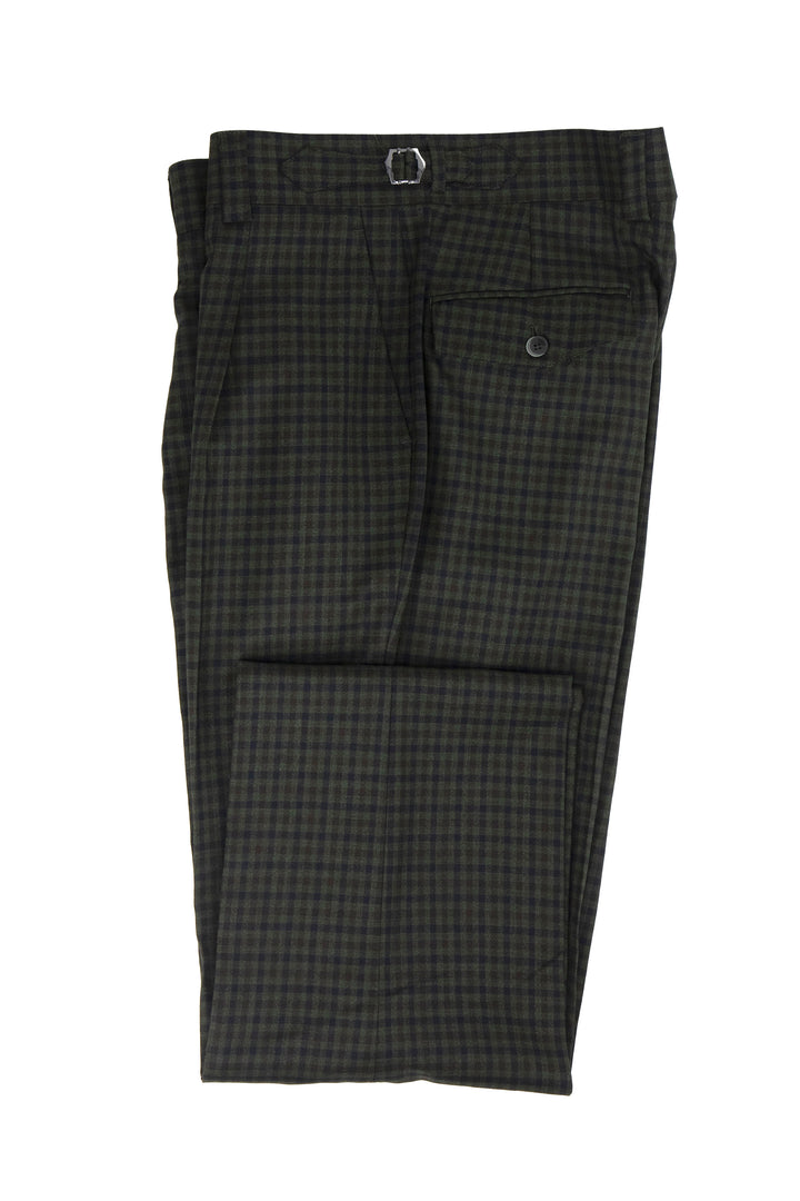 Tiglio Luxe Dark Green with Navy Check Semi-Wide Leg Wool Marbella Dress Pants TL5546