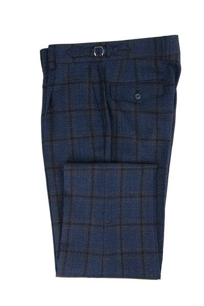 Tiglio Luxe Blue with Brown Windowpane Semi-Wide Leg Wool Marbella Dress Pants TL8101 1   - from alligatorwarehouse.com