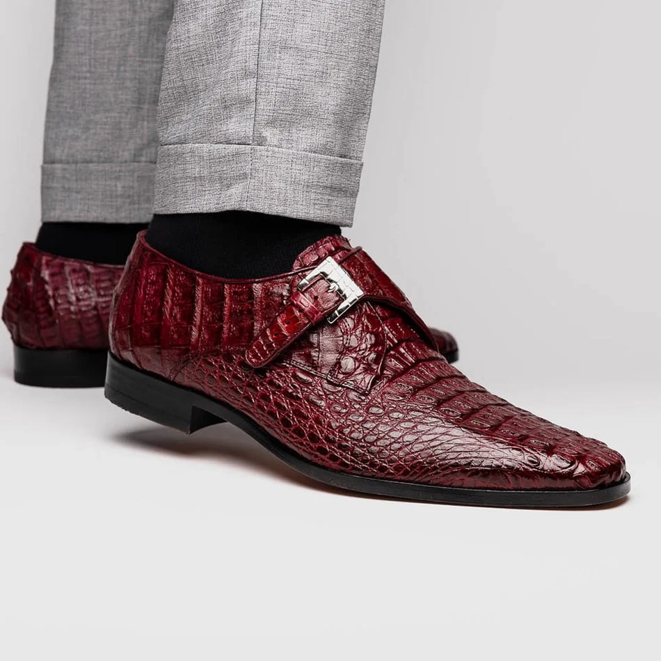 Marco Di Milano Rovigo Men's Shoes Wine Exotic Crocodile Skin Single Monk-strap Loafers