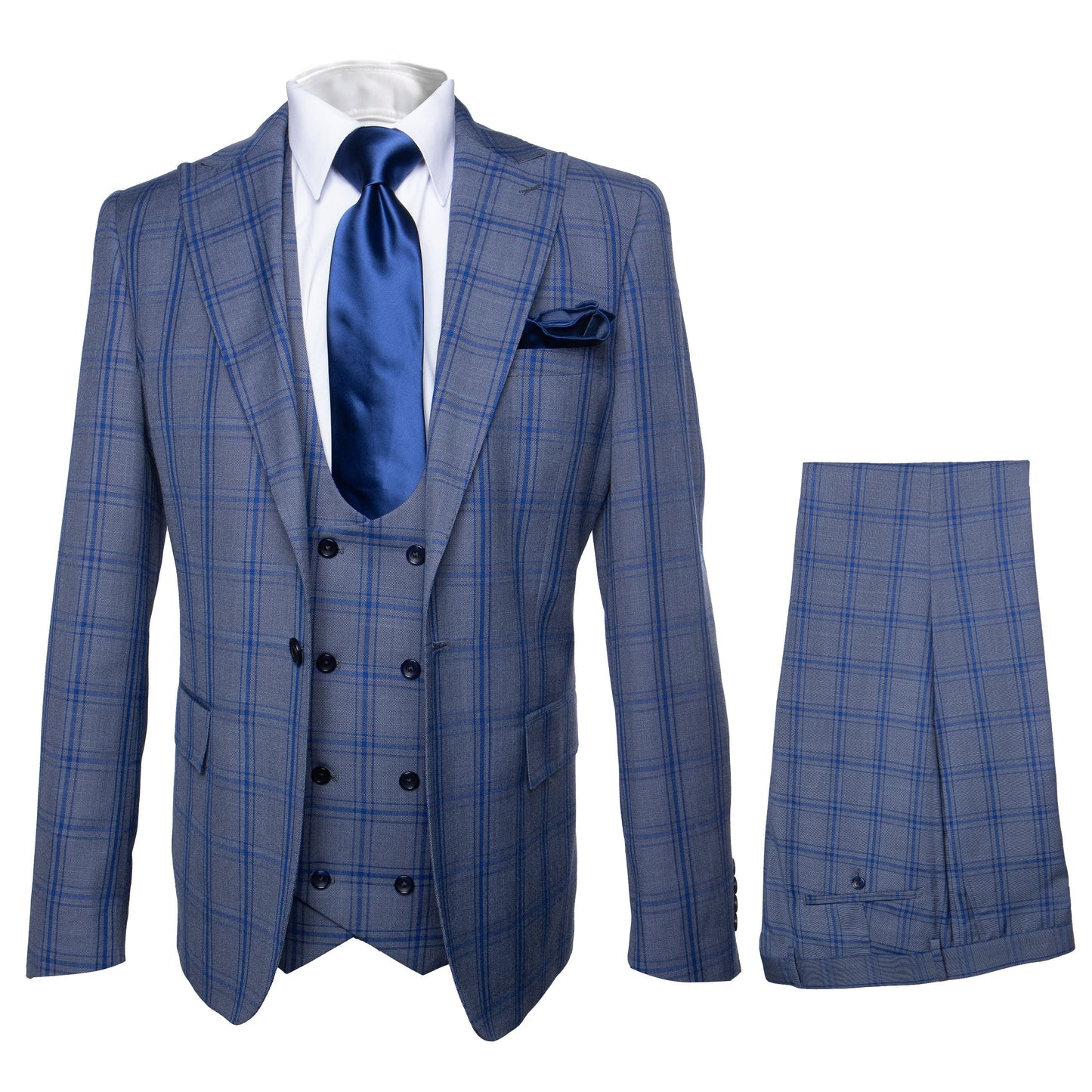 Rossi Man MAX RM1823 Slim Fit 3-Piece Blue Plaid Suit – Tailored for Weddings & Business