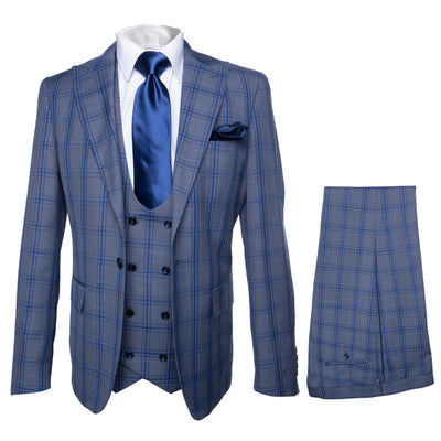 Rossi Man MAX RM1823 Slim Fit 3-Piece Blue Plaid Suit – Tailored for Weddings & Business 1   - from alligatorwarehouse.com