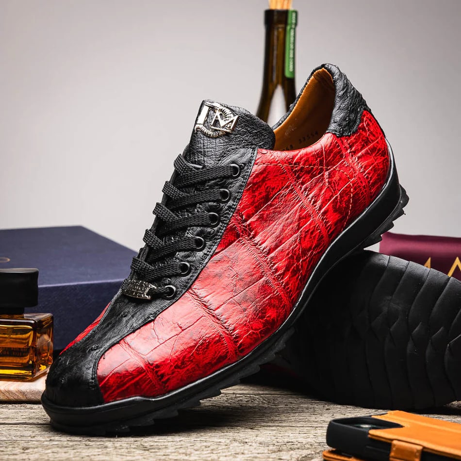 Marco Di Milano Saulo Men's Shoes Black & Red Exotic Ostich / Alligator Casual Sneakers