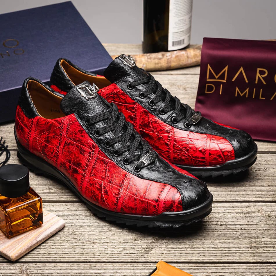 Marco Di Milano Saulo Men's Shoes Black & Red Exotic Ostich / Alligator Casual Sneakers