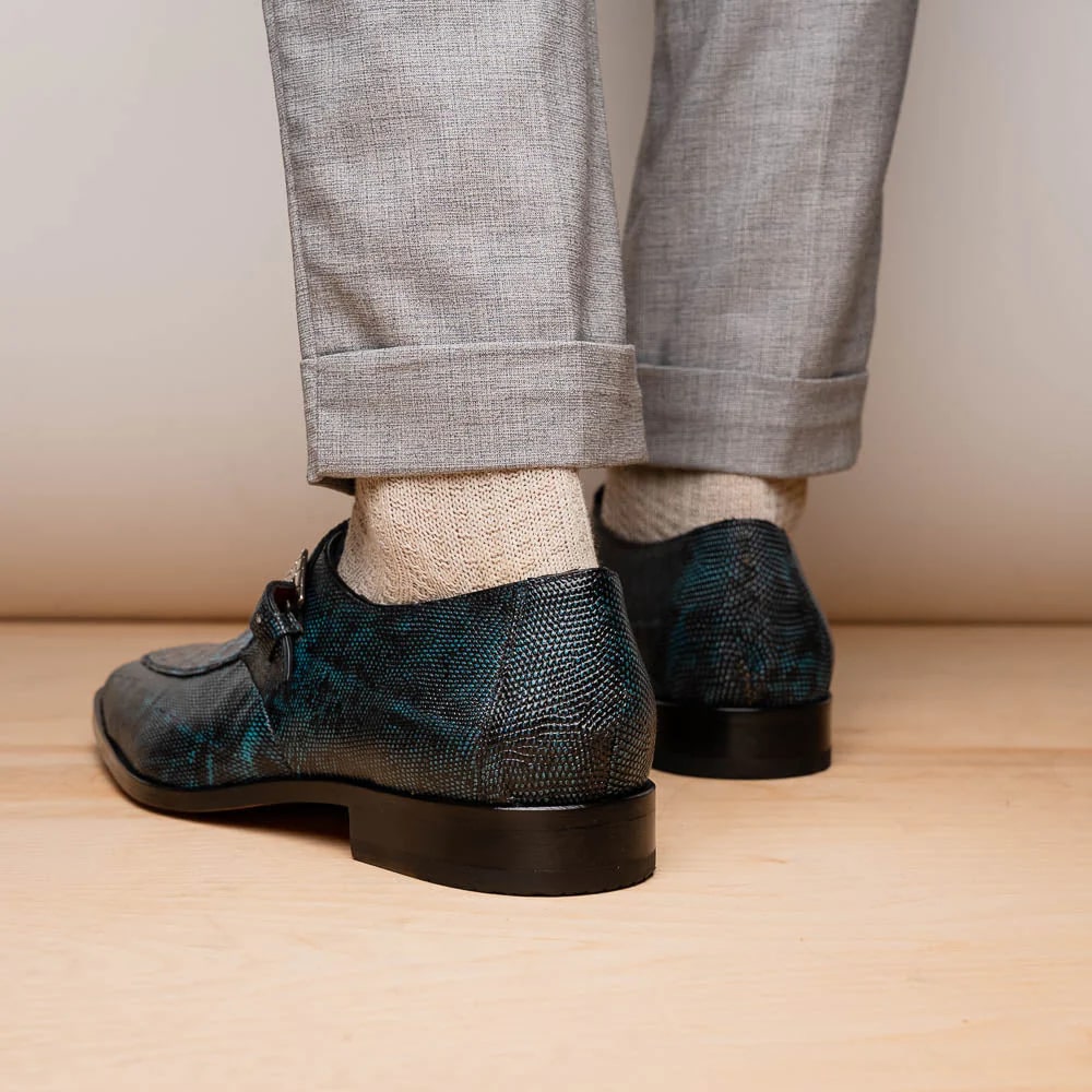 Marco Di Milano Toluca Blue / Black Jean Monk Strap Lizard & Crocodile Shoes