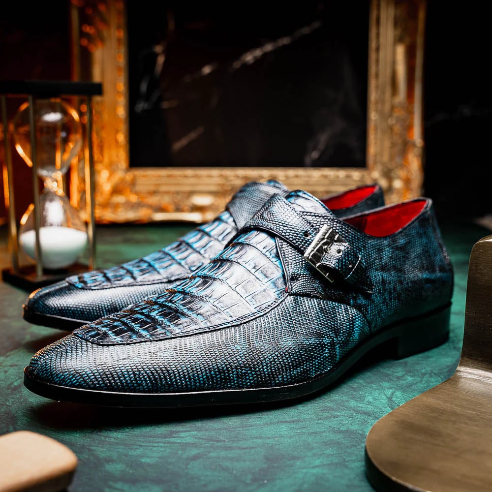 Marco Di Milano Toluca Blue / Black Jean Monk Strap Lizard & Crocodile Shoes