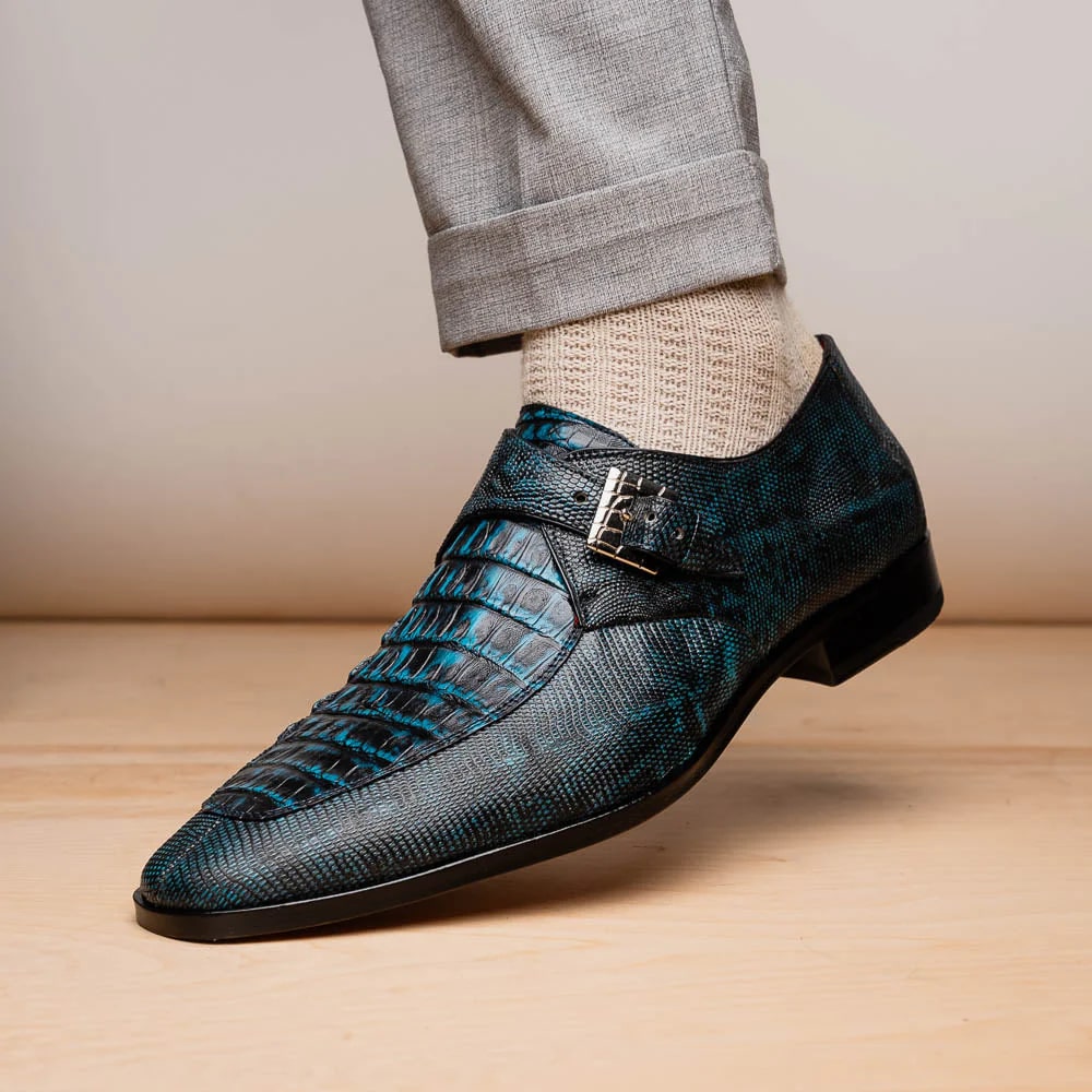 Marco Di Milano Toluca Blue / Black Jean Monk Strap Lizard & Crocodile Shoes