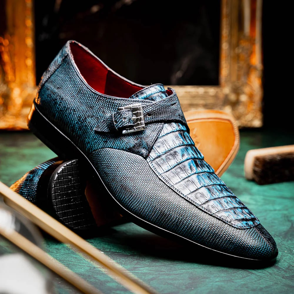 Marco Di Milano Toluca Blue / Black Jean Monk Strap Lizard & Crocodile Shoes