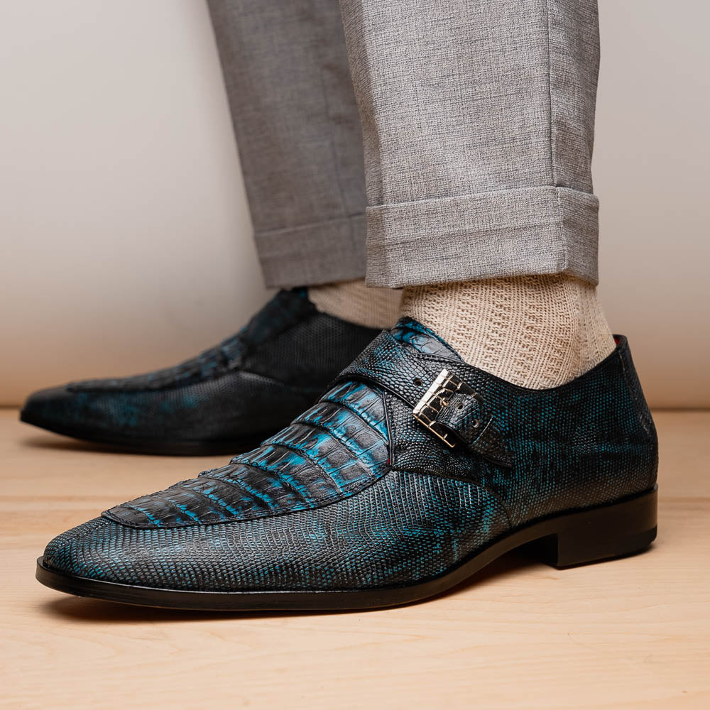 Marco Di Milano Toluca Blue / Black Jean Monk Strap Lizard & Crocodile Shoes