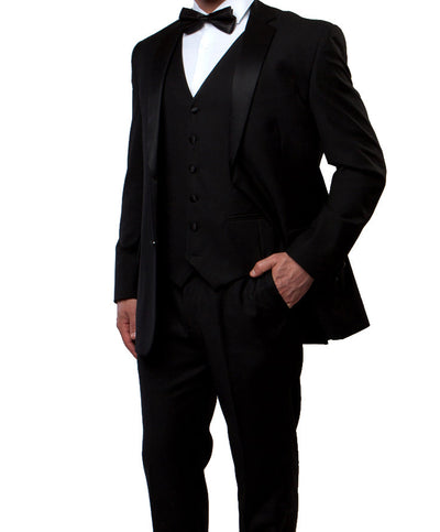 Solid Black Modern Fit Tuxedo 3 Piece with 6 Button Vest 1 SO4MT400-01-BLACK  - from alligatorwarehouse.com
