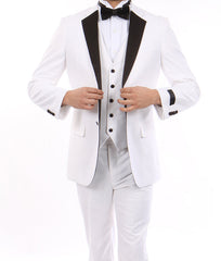 White Modern Fit Tuxedo 3 Piece with Black Lapel 6 Button Vest