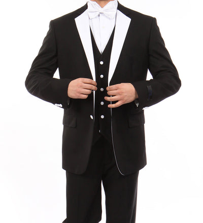 Black Modern Fit Tuxedo 3 Piece with White Lapel 6 Button Vest 1 SO4MT400-04-BLACK-W-WHITE-LAPEL  - from alligatorwarehouse.com
