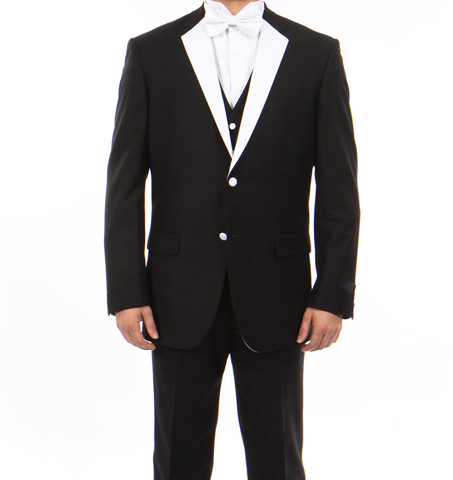 Black Modern Fit Tuxedo 3 Piece with White Lapel 6 Button Vest