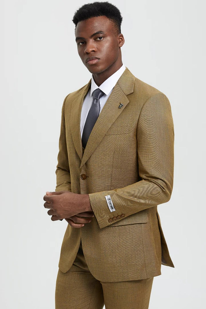Tan Suits For Wedding - Tan Groomsmen Suits - Tan Sharkskin  Tuxedo