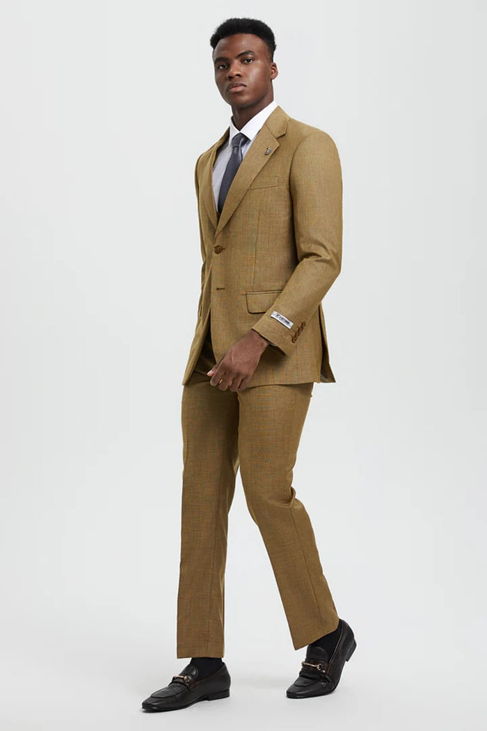 Tan Suits For Wedding - Tan Groomsmen Suits - Tan Sharkskin  Tuxedo
