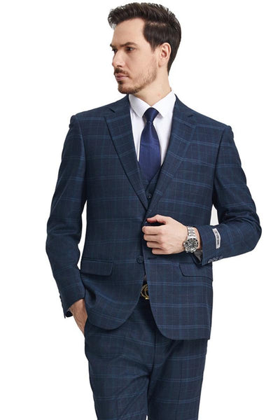 Men's Stacy Adams Vested Modern Fit Windowpane Plaid Suit in Navy Blue 1 SM159H1-155-38R  - from alligatorwarehouse.com