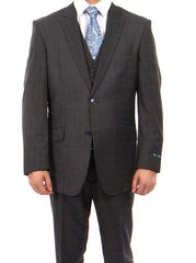 Wool Suit Modern Fit Windowpane 3 Piece in Dark Gray