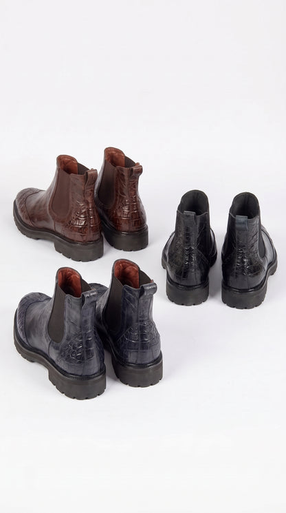 Lombardy Men’s Calfskin Crocodile Chelsea Boots – Tractor Sole Exotic Ankle Boots