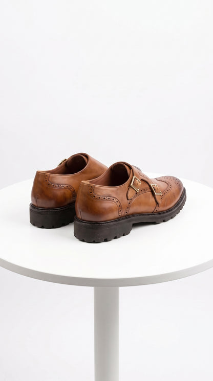 Lombardy Men’s Calfskin Wingtip Double Monk Strap Dress Shoes – Lug Sole