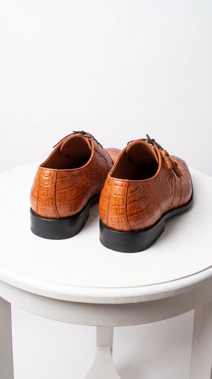 Los Altos Men’s Cognac All-Over Crocodile Lace-Up Shoes, Exotic Formal Dress Shoes