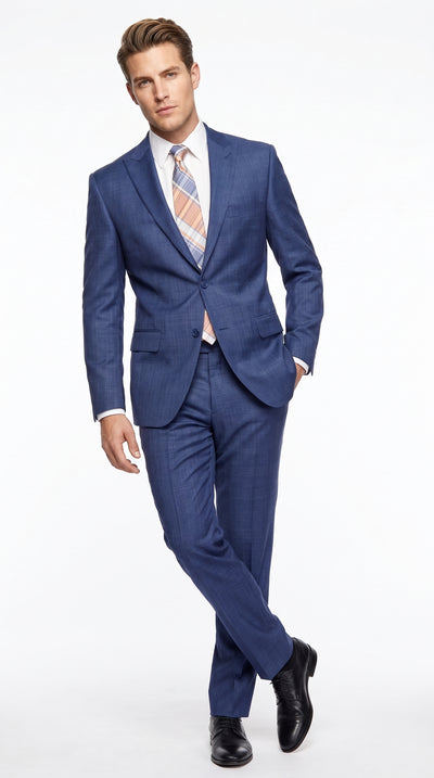 Men’s Blue Plaid 2 Button Suit, Modern Fit Peak Lapel Formal Wedding Business Suit