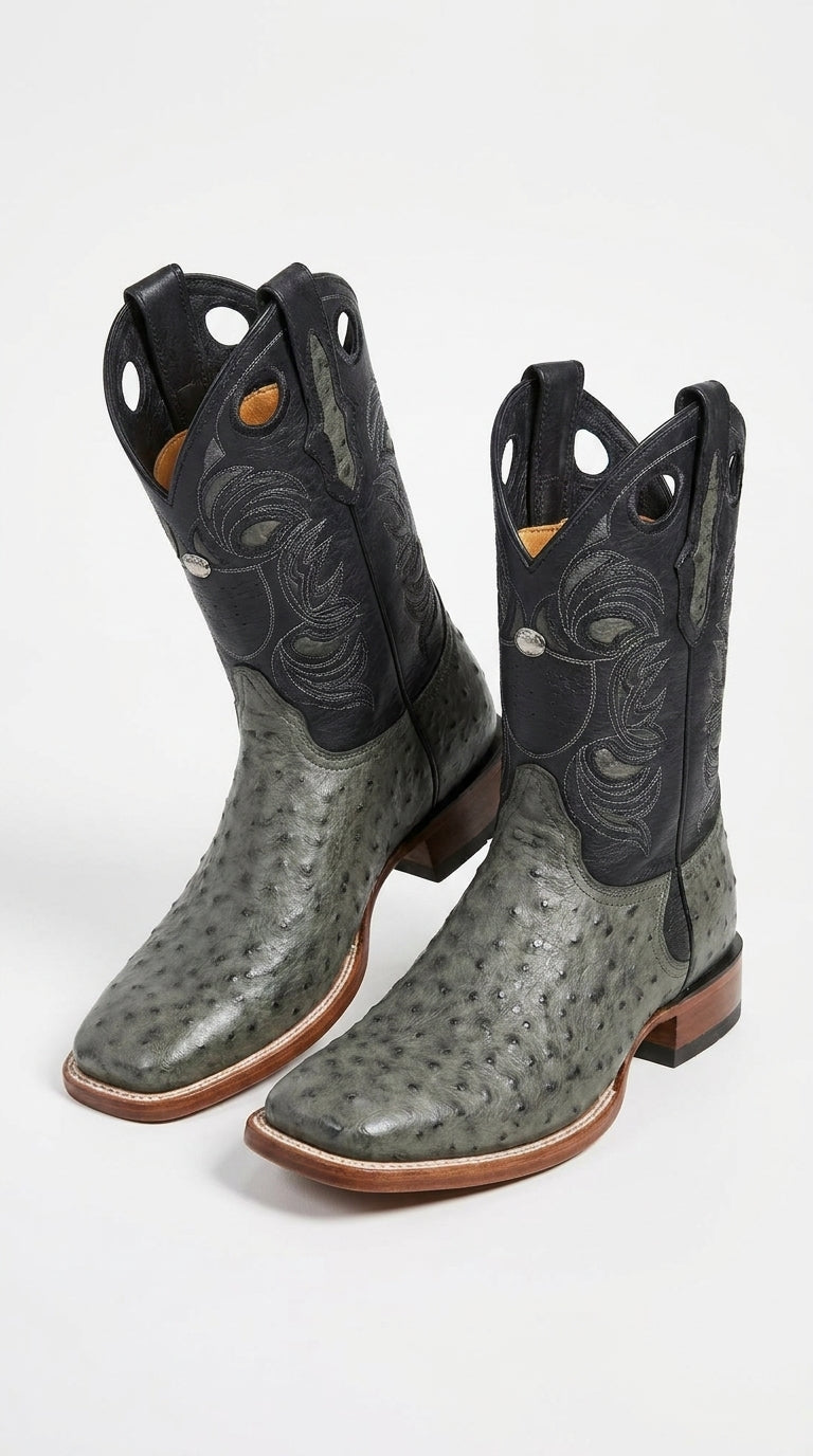 Los Altos Men’s Gray Genuine Ostrich Cowboy Boots – Square Toe Exotic Western Boots